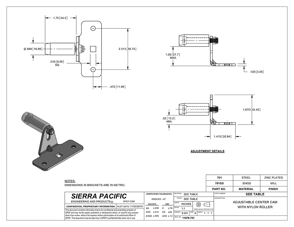 701SS CENTER ROLLER CAM, ADJUSTABLE, SS, MILL FINISH