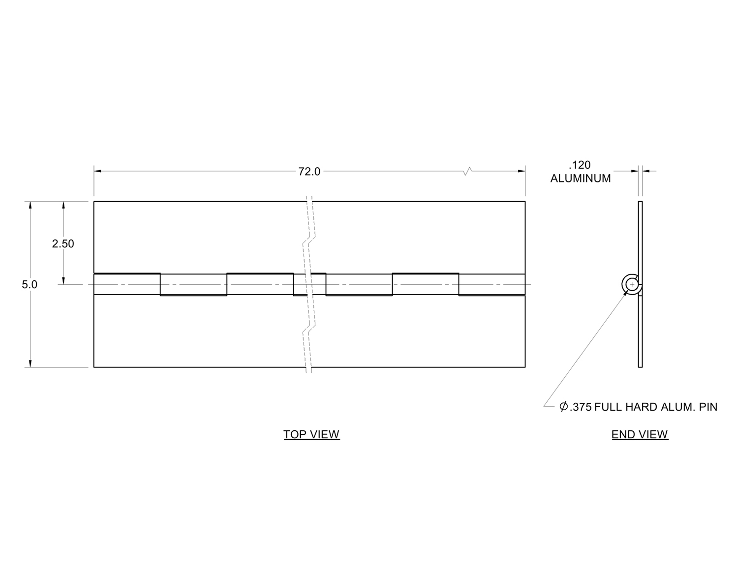 A15032 ALUM CONT HINGE 5.00 OPEN x 72.00 LONG .120 THK .375 AP - 2.00 KN